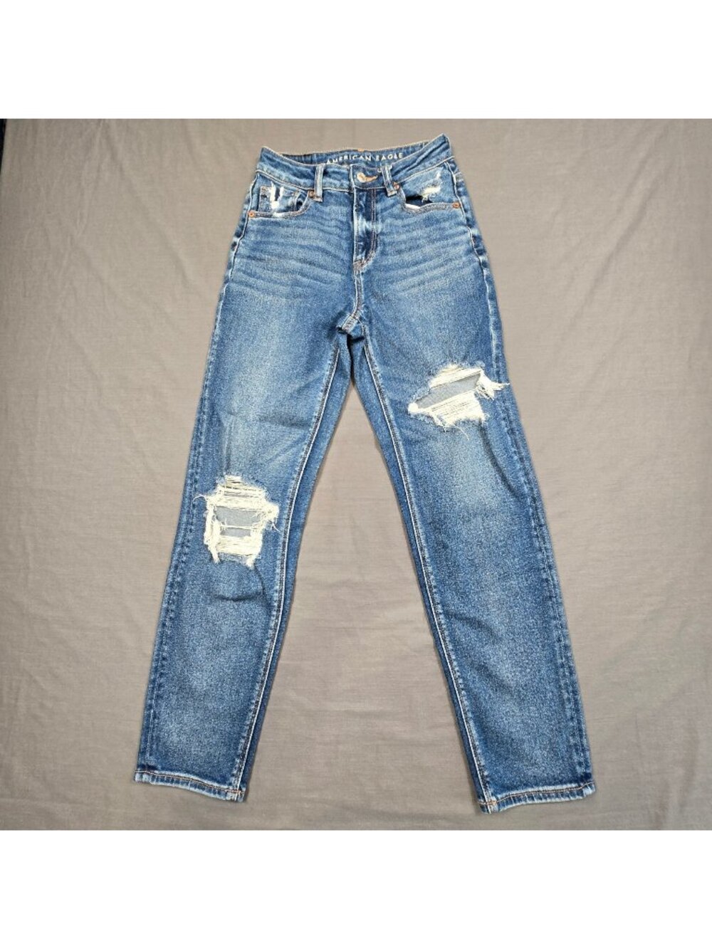 American Eagle Womens 00 Mom Straight Jeans Medium Wash Distressed Denim Blue - Picture 1 of 6